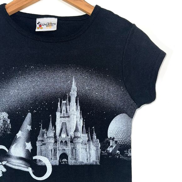 Vintage 90s Y2K Walt Disney World Black Glitter Castle Graphic Baby Tee Size L - Picture 3 of 10